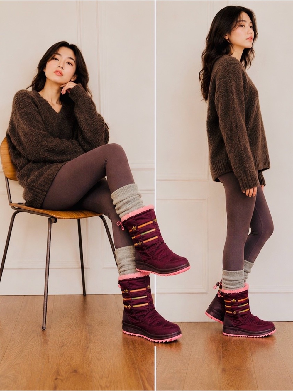 Adidas burgundy winter boots with pink trim